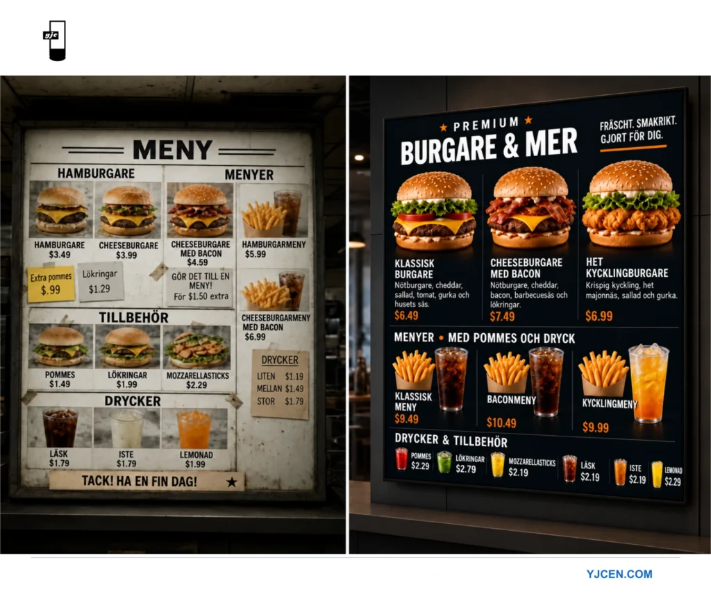 Jämförelse sida vid sida mellan en äldre statisk ljuslådemeny och en modern digital menytavla med färgstarka hamburgerbilder och ändringsbara priser i en snabbmatsrestaurang
