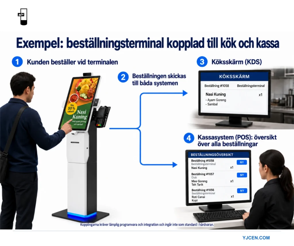 Orderflöde för självbetjäningsterminal: kunden beställer på pekskärmen och ordern skickas till kökets displaysystem (KDS) samt kassans gemensamma ordervy