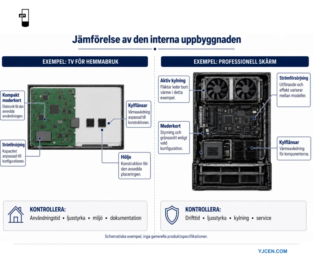 Schematisk jämförelse mellan en konsument-TV och en ljusstark professionell skärm med exempel på kylning, nätaggregat och moderkort