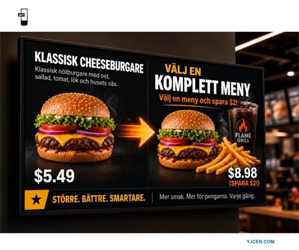 Exempel på ett menybudskap som jämför en cheeseburgare med en kombination av pommes frites och dryck. Priser och rabatt visas som exempel, inte som belägg för högre ordervärde.