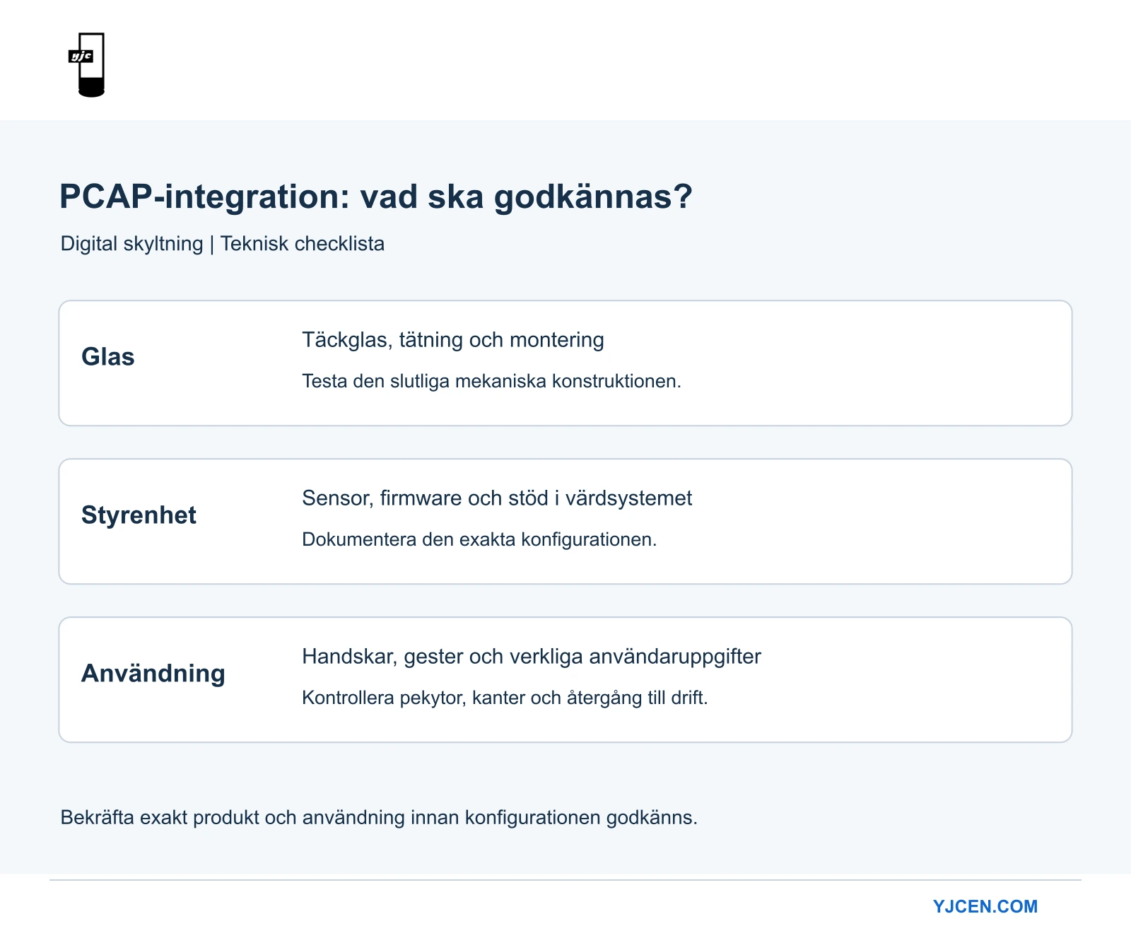 Kontrollista för glaskonstruktion, pekstyrkrets och programmets acceptanskontroller.