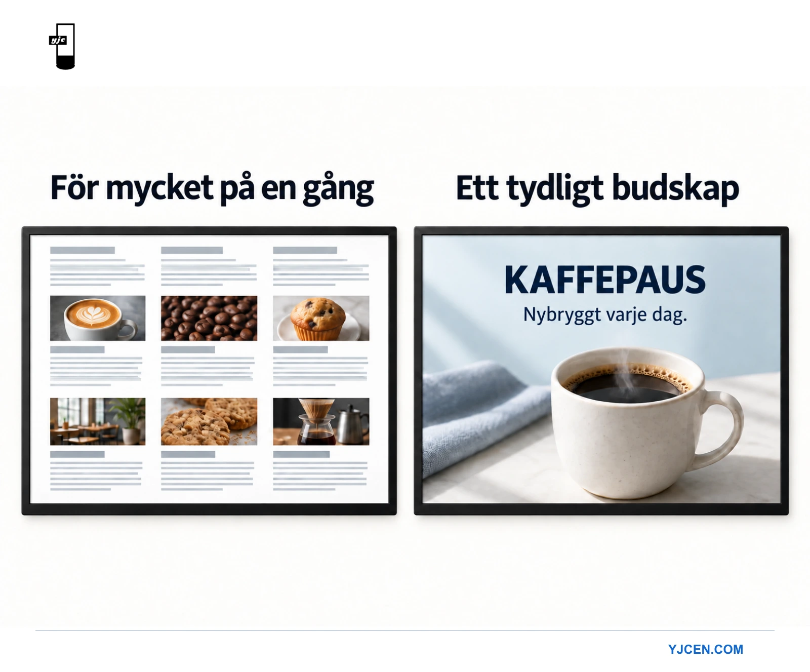 En överfylld skärmlayout jämförs med en stor kaffebild och en tydlig rubrik