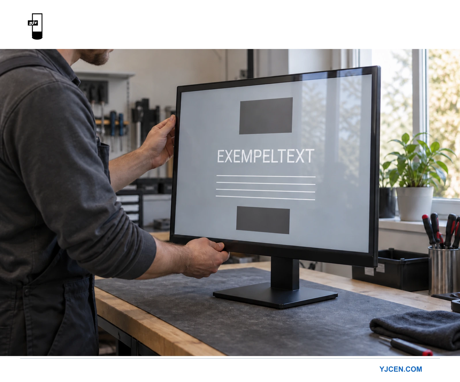 En tekniker granskar reflexer och läsbarhet på en skärm med textmönster nära ett ljust fönster.