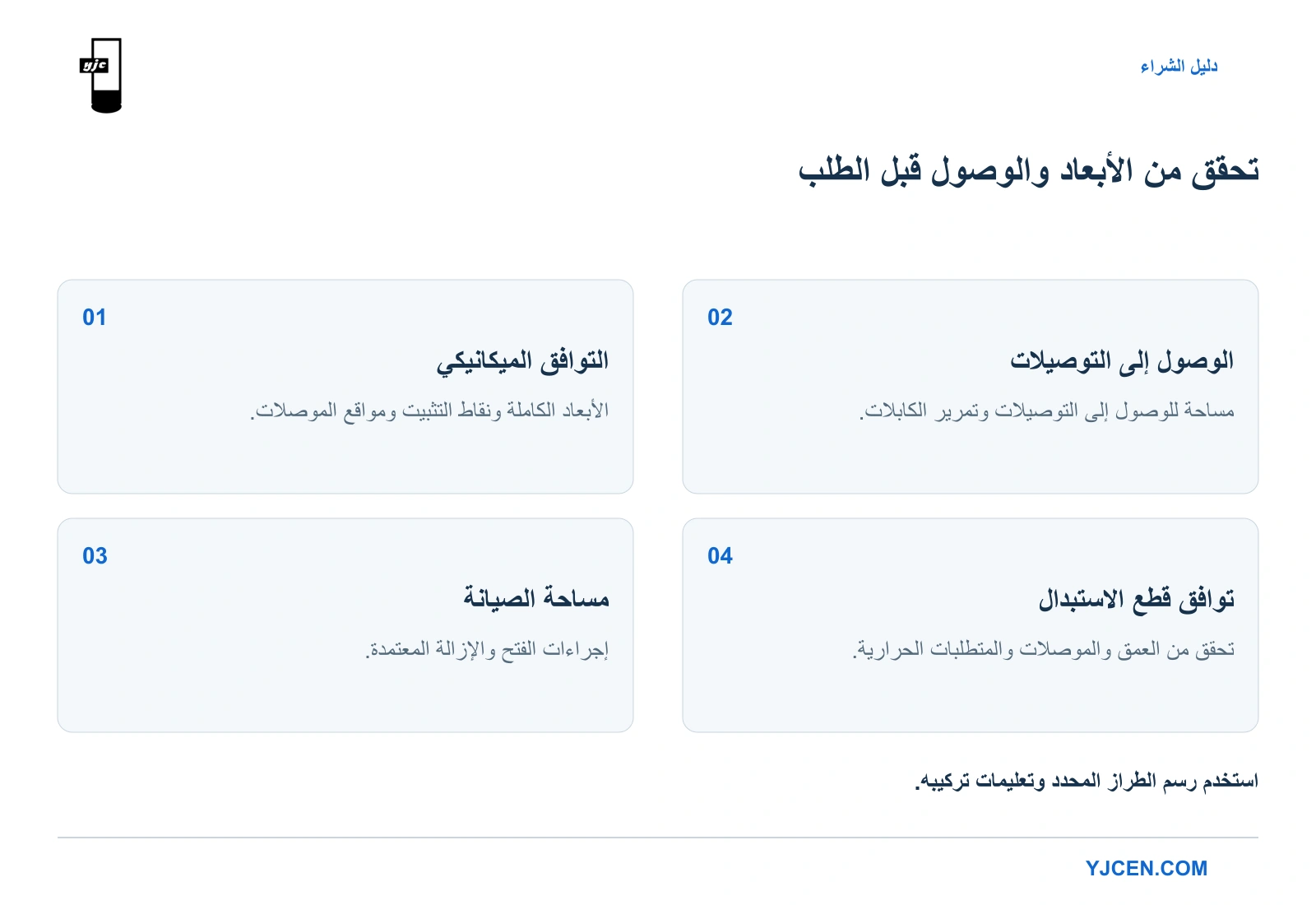 أربع نقاط للتركيب والصيانة: توافق الأبعاد والوصول للتوصيلات ومساحة الصيانة وتوافق البدائل.