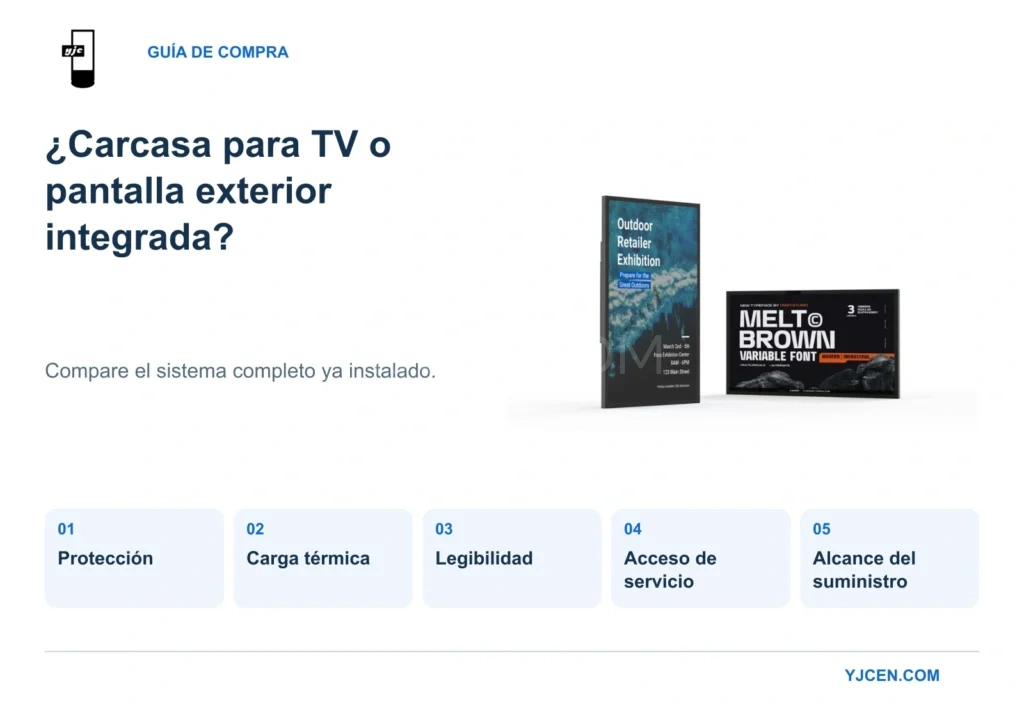 Comparación de carcasa para TV exterior y pantalla integrada, con la pantalla IP66 de YJCEN en orientaciones vertical y horizontal.