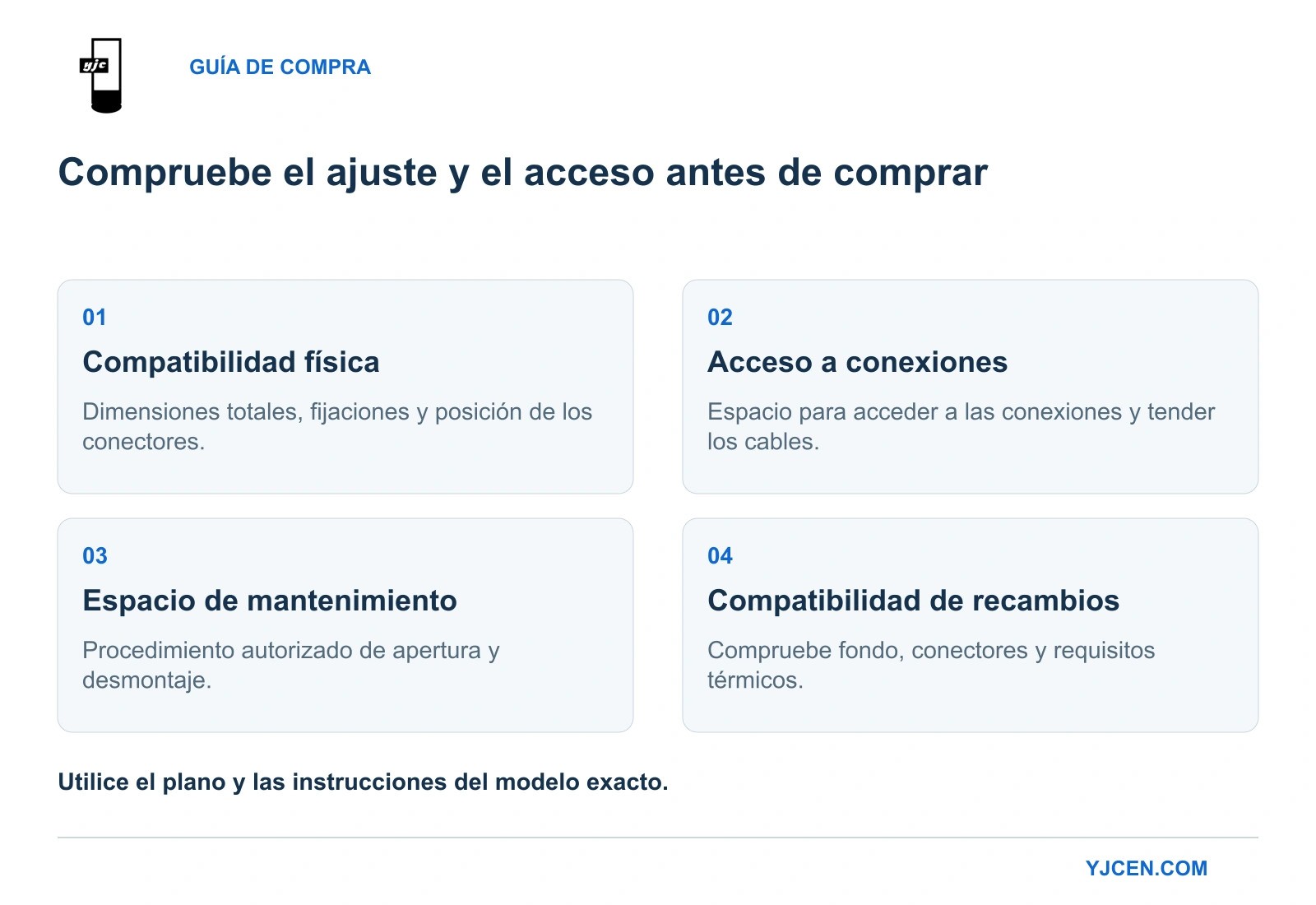 Cuatro comprobaciones de instalación y mantenimiento: ajuste físico, acceso a conexiones, espacio de servicio y compatibilidad de recambios.