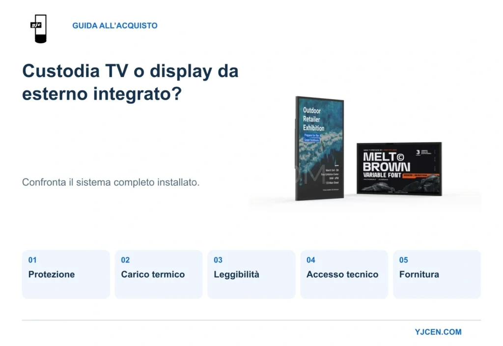 Confronto tra custodia TV da esterno e display integrato, con il display IP66 YJCEN in orientamento verticale e orizzontale.