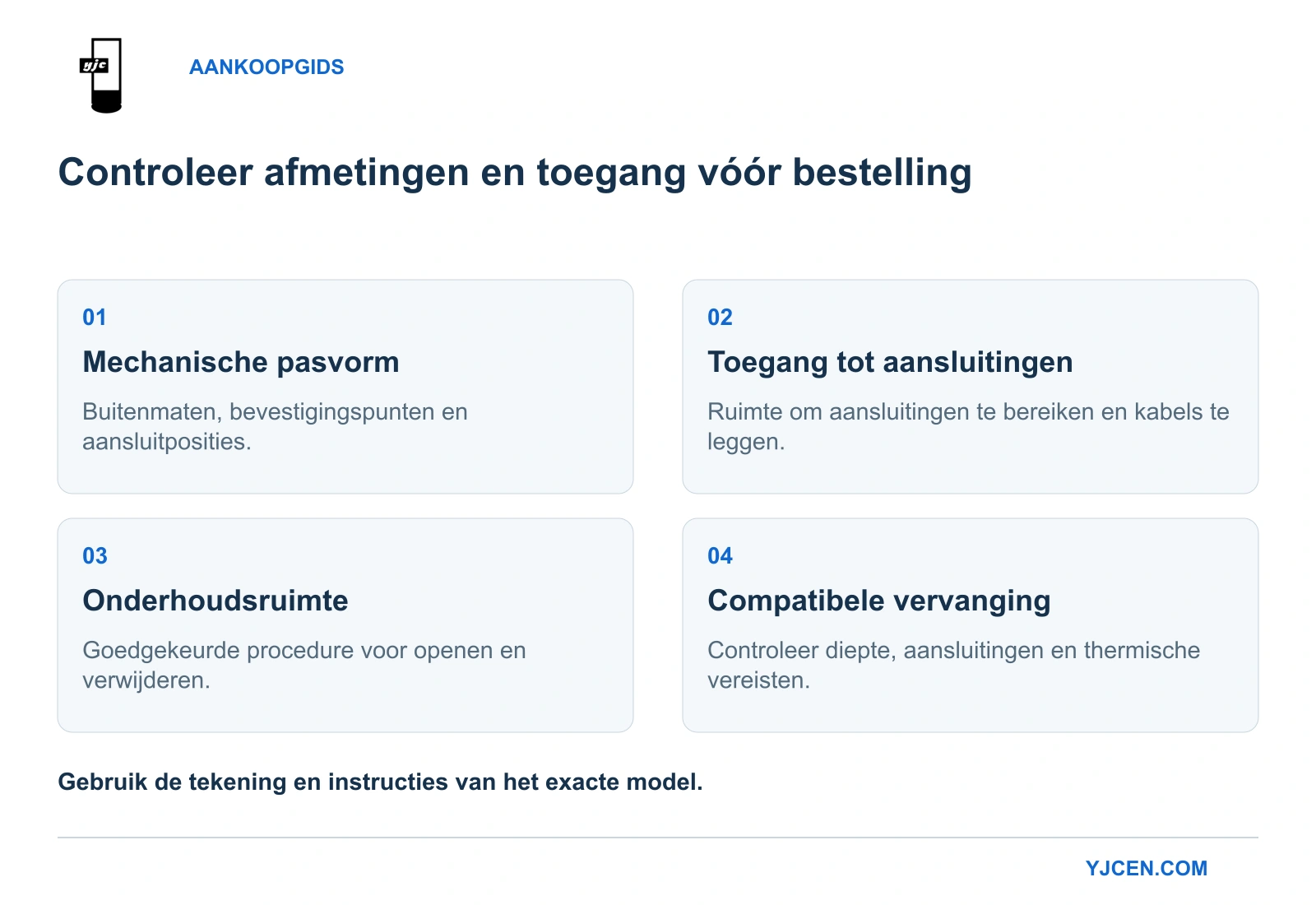 Vier controles voor installatie en onderhoud: pasvorm, toegang tot aansluitingen, onderhoudsruimte en compatibele vervanging.