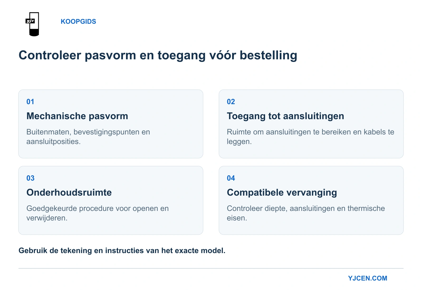 Vier controles voor installatie en onderhoud: pasvorm, toegang tot aansluitingen, onderhoudsruimte en compatibele vervanging.