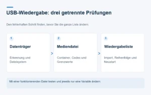 Dreiteiliges Schaubild zu USB-Erkennung, Mediendecodierung und Wiedergabeliste.