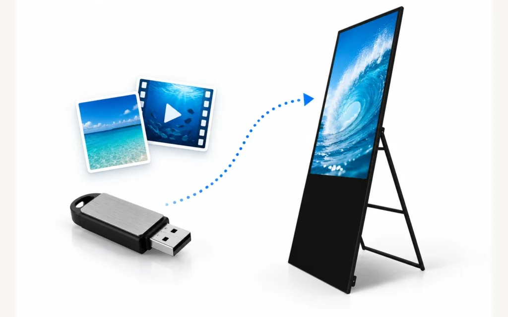 Pendrive e símbolos de arquivos de mídia ao lado de um display portátil preto com suporte traseiro dobrável.